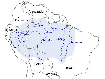 Mapa mostrando o trajeto do rio Amazonas, seus principais afluentes e a área aproximada de sua bacia hidrográfica.