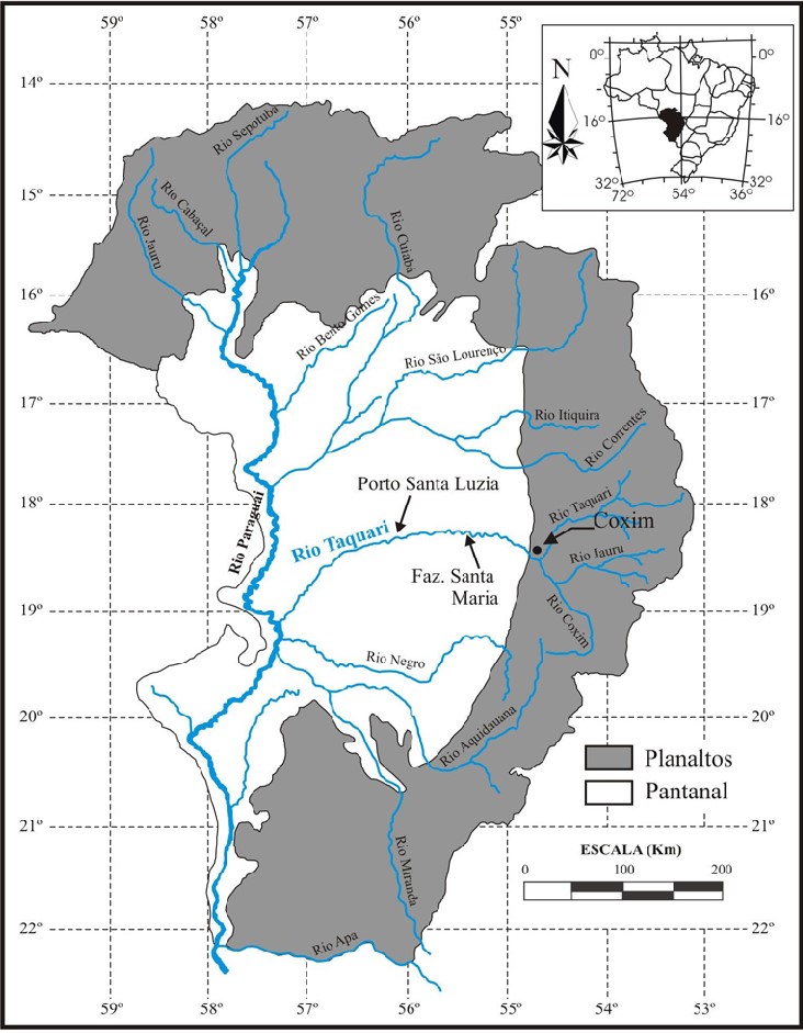 Mapa com os principais rios e formações no Pantanal. Fonte: Researchgate, (modificado de Souza, 1998).