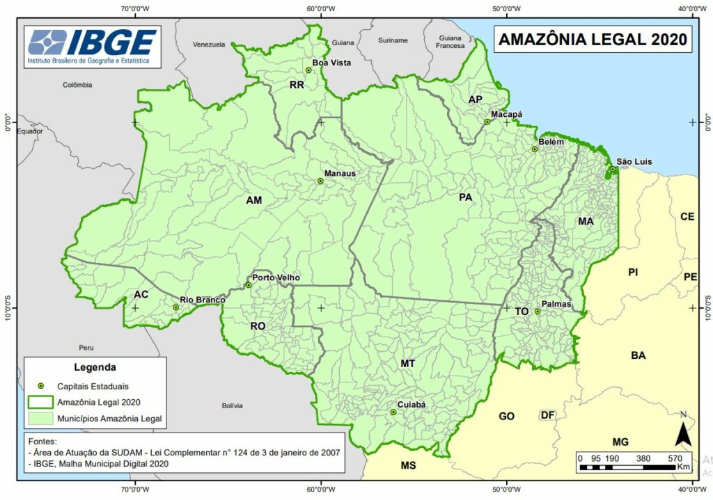 Amazônia Legal, engloba limites diferentes dos definidos para a floresta amazônica. Fonte: Mapa produzido pelo IBGE.